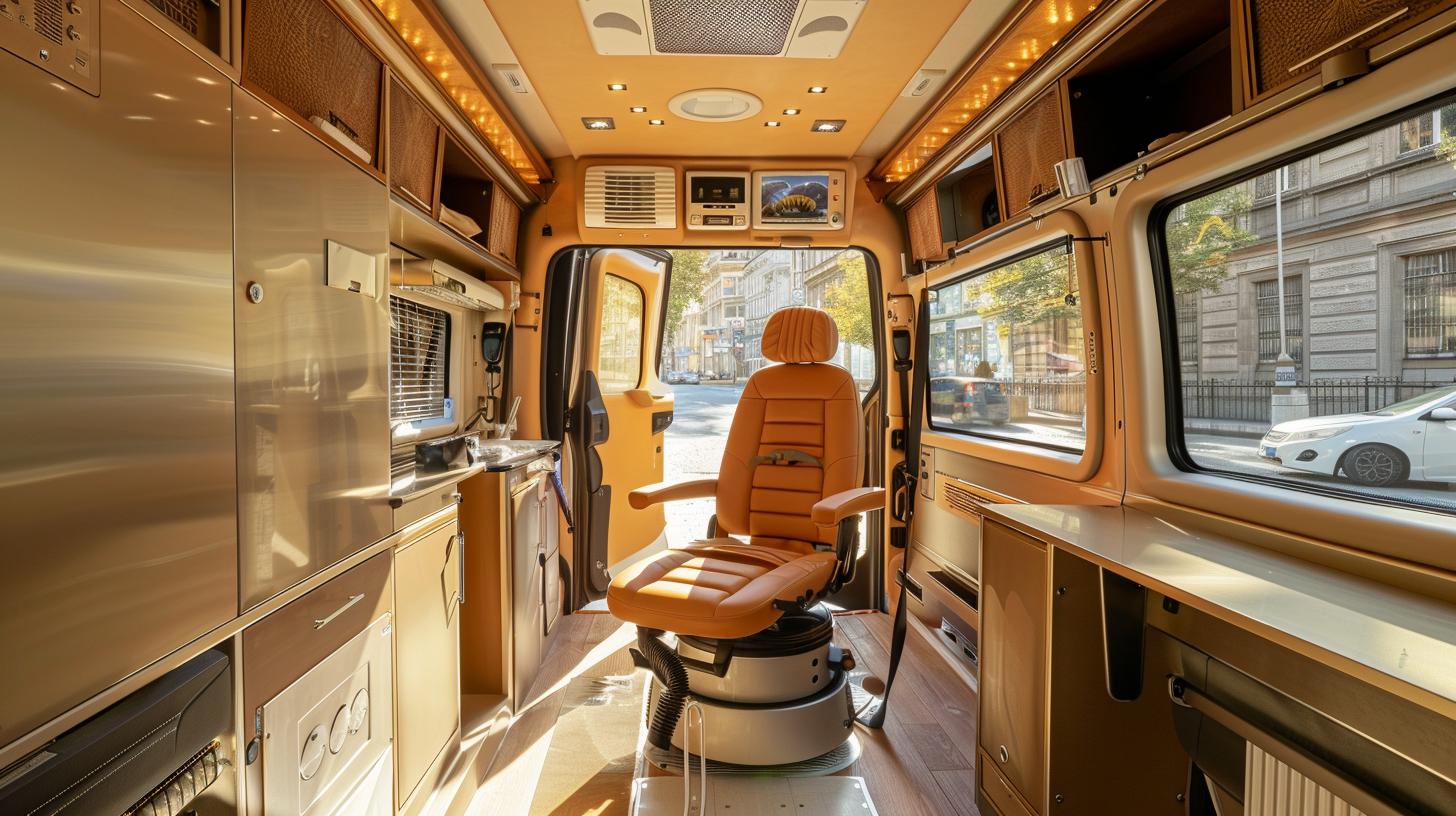 interior view of a mobile spa vehicle with a leather chair and cozy atmosphere
