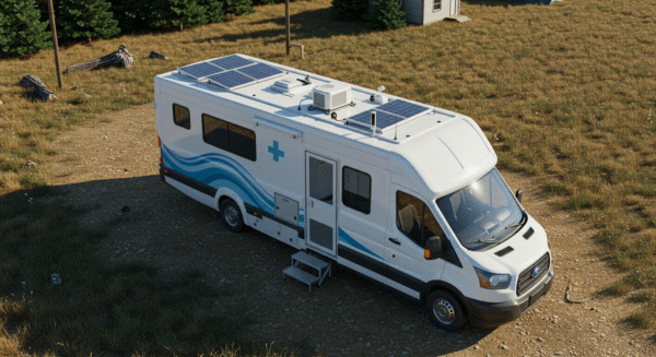 Ford Transit-based mobile clinic van in a rural Canadian setting with solar panels and utility hookups