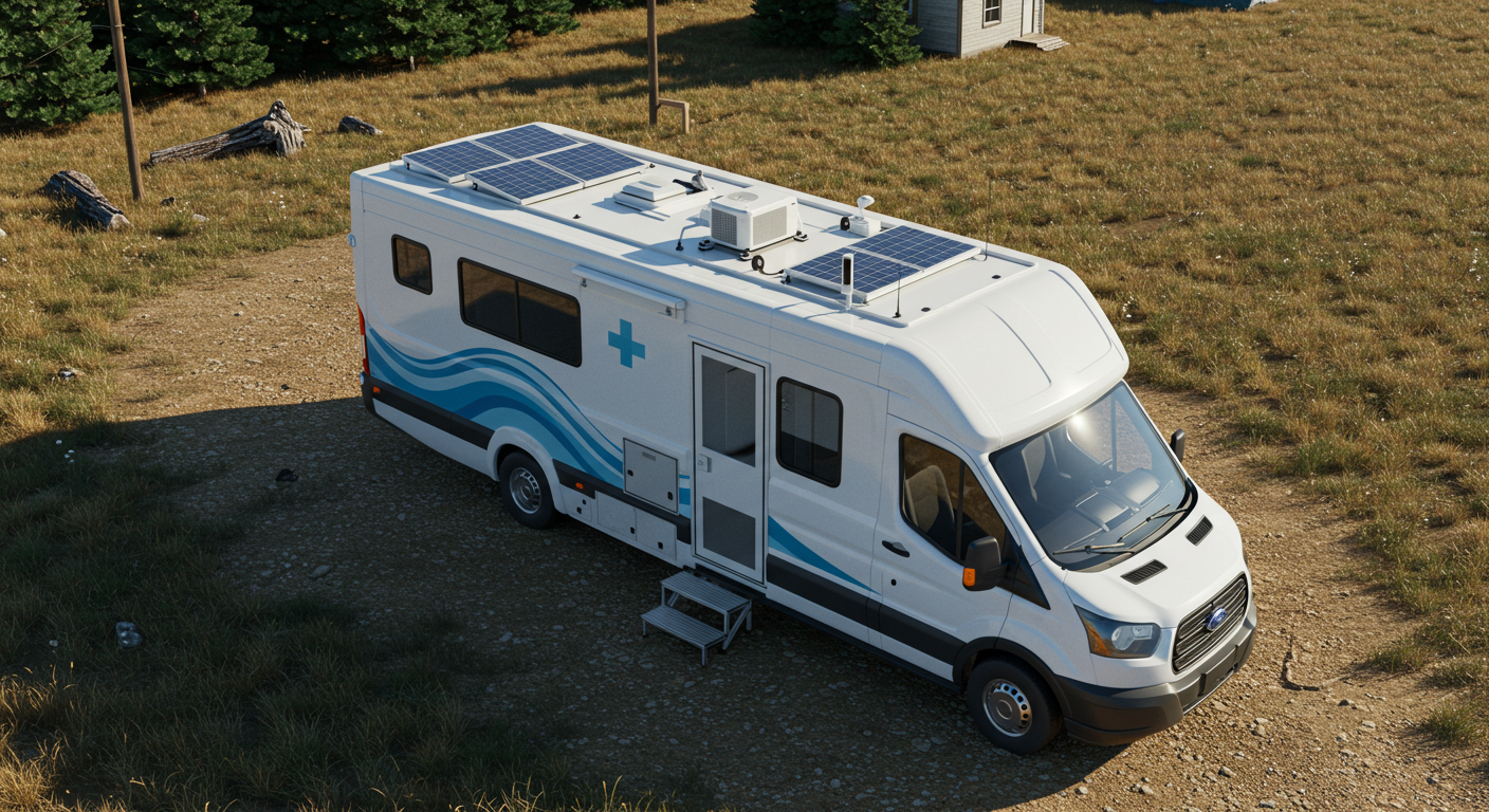 Ford Transit-based mobile clinic van in a rural Canadian setting with solar panels and utility hookups